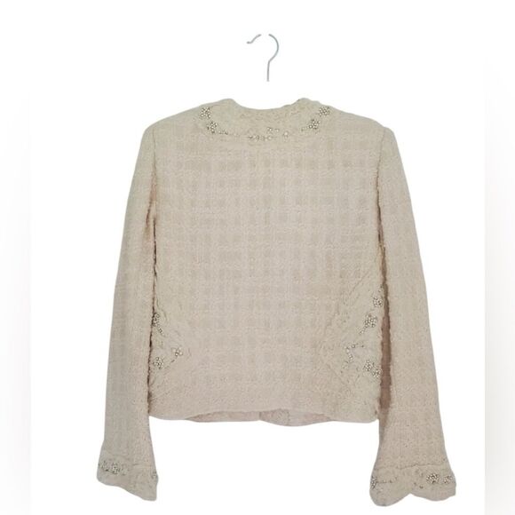 Alice + Olivia Nilla Cream Embellished Tweed Fringe Beaded Trim Boxy Cut Jacket - Picture 5 of 14